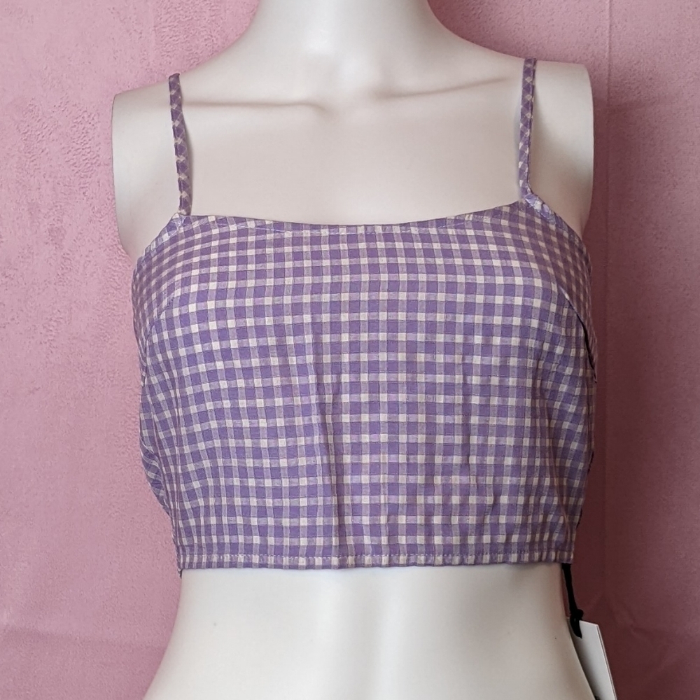 Daisy Street Dolls Kill Purple Gingham Crop Top with Adjustable Straps